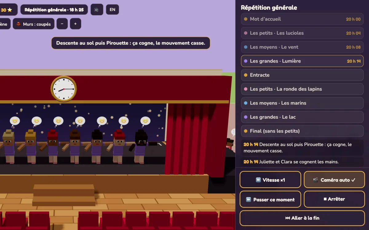 A school stage in blocky 3D with a red curtain and a clock above it. Seven dancers in
                      purple stand in a line with their arms out, two of them touching hands. On the right,
                      the evening's running order, and below it what just went wrong: a move from the
                      floor straight into a pirouette, and two dancers bumping hands.