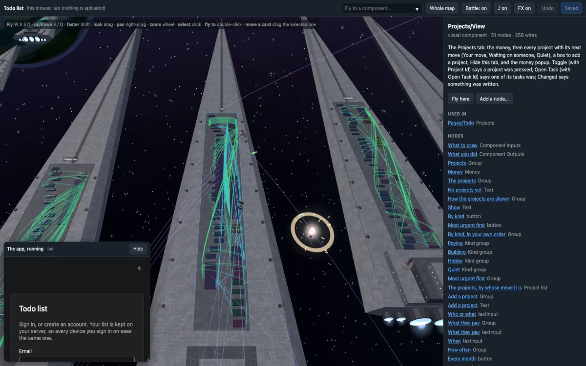 Three long grey warships seen from above in space, each with a deck of small node
                      cards joined by green and blue wires, an explosion ring beside the middle one. A
                      panel on the right lists the nodes of one component, and the todo list app runs in
                      a window in the corner.