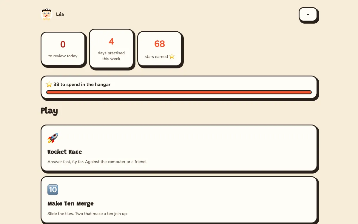 Rocket School's home screen for a player called Léa: skills to review today, days
                      practised and stars earned, the stars she has left to spend in the hangar, then the
                      games to pick from, starting with Rocket Race and Make Ten Merge.