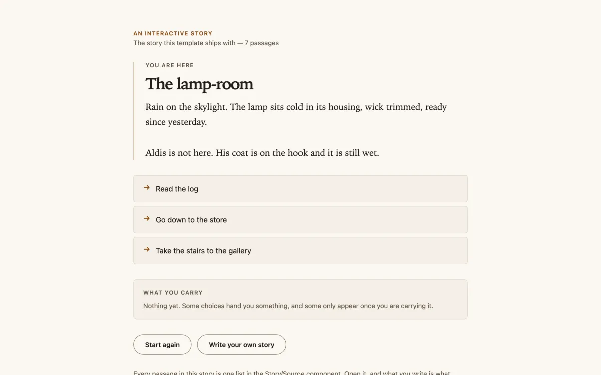 The story engine on its first passage, The lamp-room, with three choices below it
                      and an empty list of what you carry.