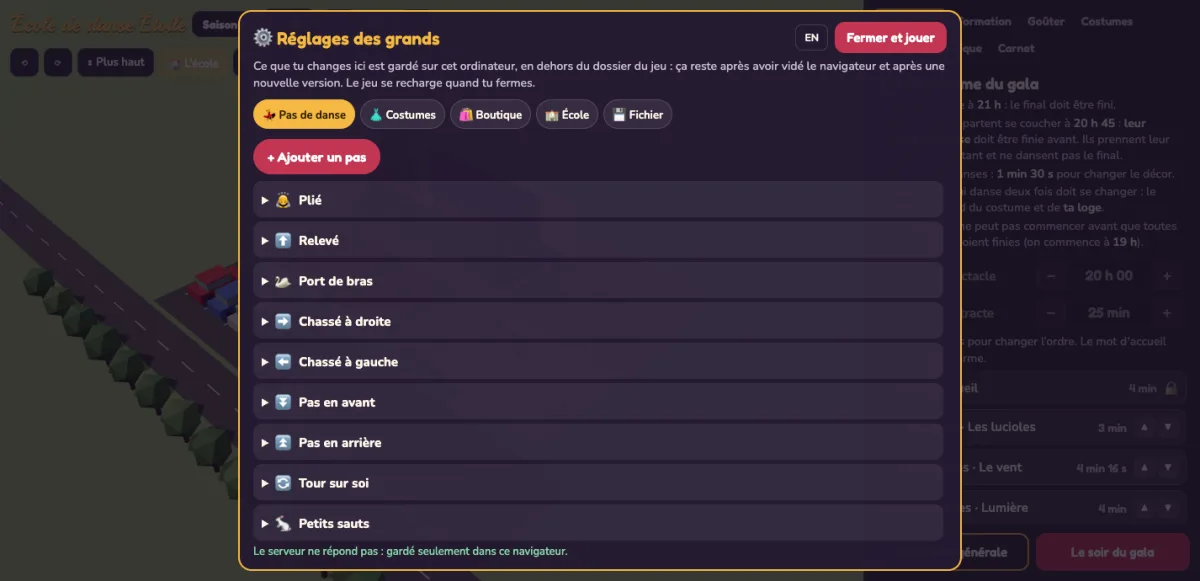 The game's grown-ups' settings open over the school: tabs for dance steps, costumes, the shop,
                      the school and a file, and a list of steps from Plié to Petits sauts, each one opening to
                      its own settings.