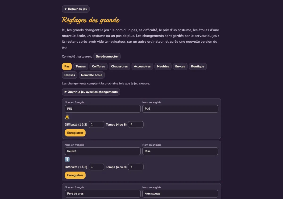 The NodeGX version's grown-ups' page, signed in: tabs for steps, outfits, hairstyles, shoes,
                  accessories, furniture, snacks, the shop, dances and a new school. Each step has its French and
                  English name, its difficulty and its length, and a Save button.