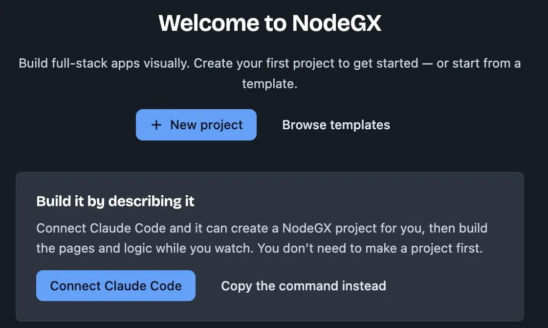 The NodeGX welcome screen. Below 'Welcome to NodeGX' is a box titled 'Build it by describing it' with a blue 'Connect Claude Code' button, which is circled.