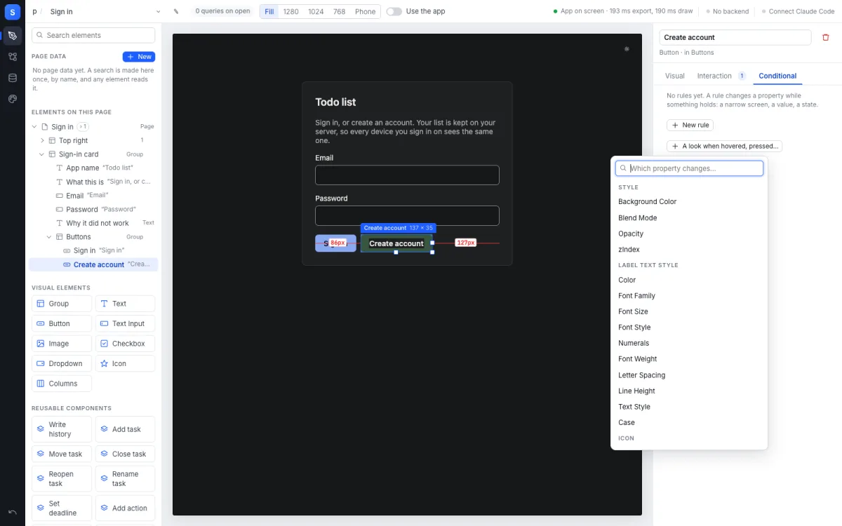 NodeGX Studio's Design tab on the todo list's sign-in page. The page's elements are listed on the
                  left, the real sign-in card is drawn in the middle with the Create account button selected and its
                  size and distances marked, and on the right a Conditional panel offers the properties a rule can
                  change: background colour, opacity, font size and more.