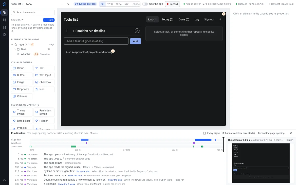 NodeGX Studio with the run timeline open under the todo list app. Three lanes, page data,
                  workflows and the screen, run from 0 to 756 milliseconds, and a list beneath names each step: the
                  app opens, the page draws, the app reads the signed-in user, a workflow sorts by kind. A small
                  copy of the screen as it was at that moment sits on the right.